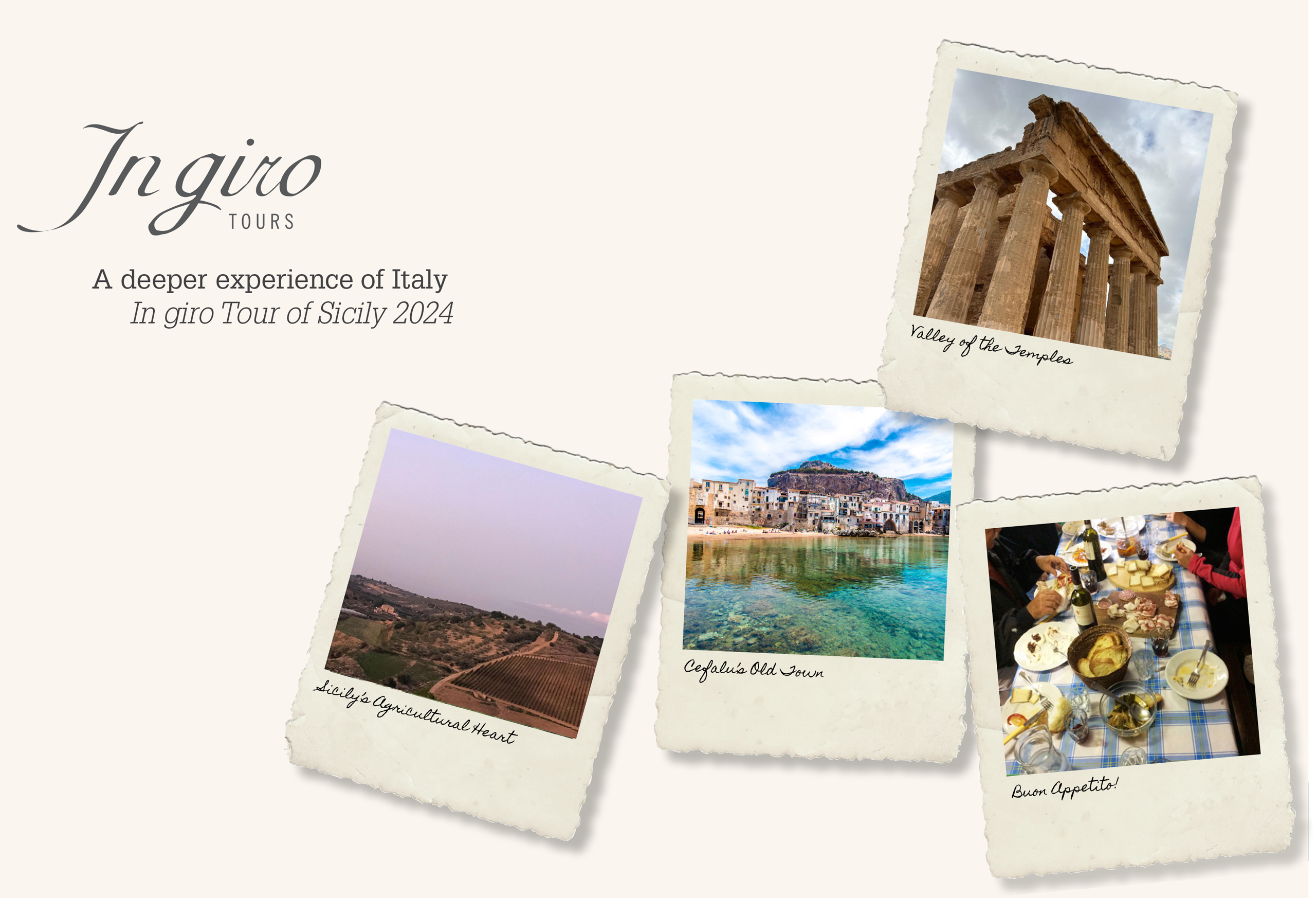 Front page of brochure for<br />
In giro Tour of Sicily 2024 shows a scattered series of four photographs of picturesque Sicilian sites.