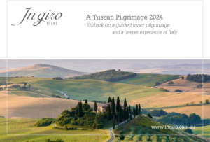 Brochure front page for A Tuscan Pilgrimage 2024, showing an aerial photo of a Tuscan landscape.