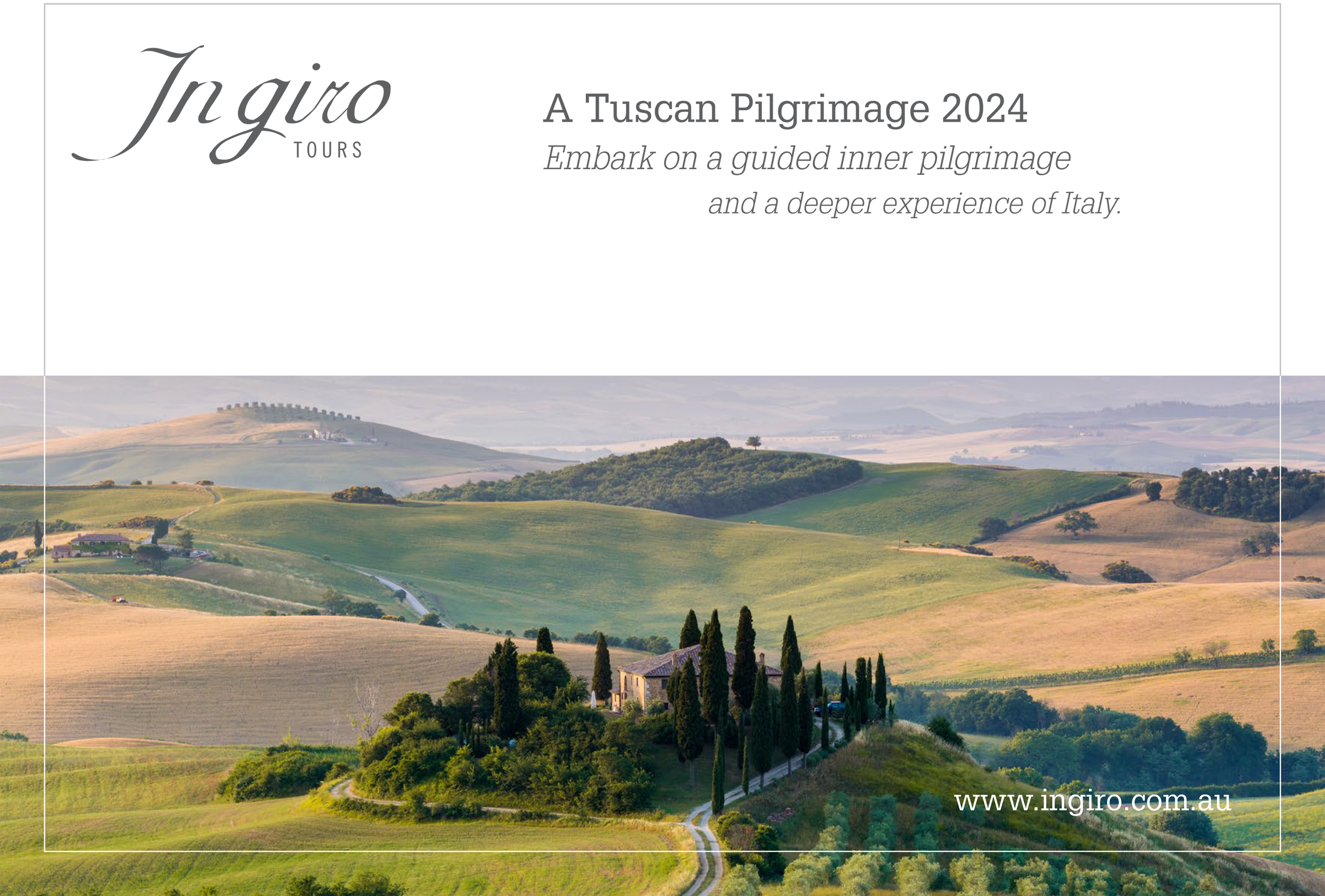 Brochure front page for A Tuscan Pilgrimage 2024, showing an aerial photo of a Tuscan landscape.